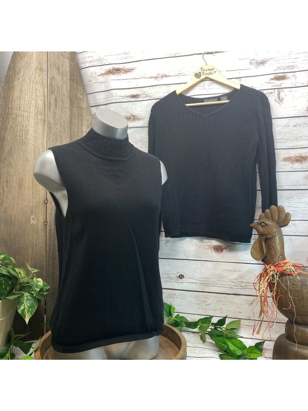 Relativity V-Neck Sweater w Turtleneck Vest Layering Combo Medium Black